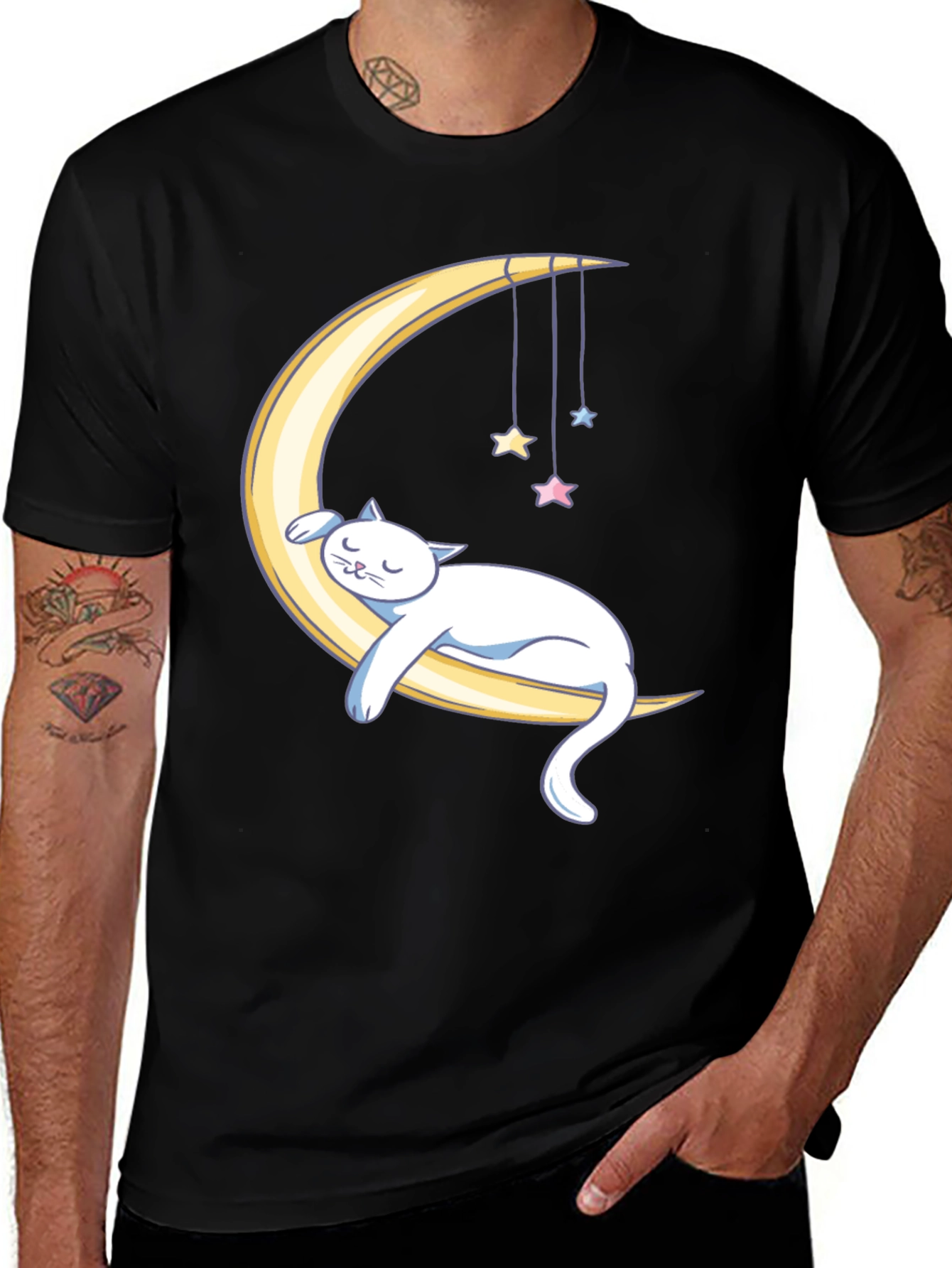Variant 2 of Dreamy Cat Moon Graphic T-Shirt - Black Cotton Blend Tee