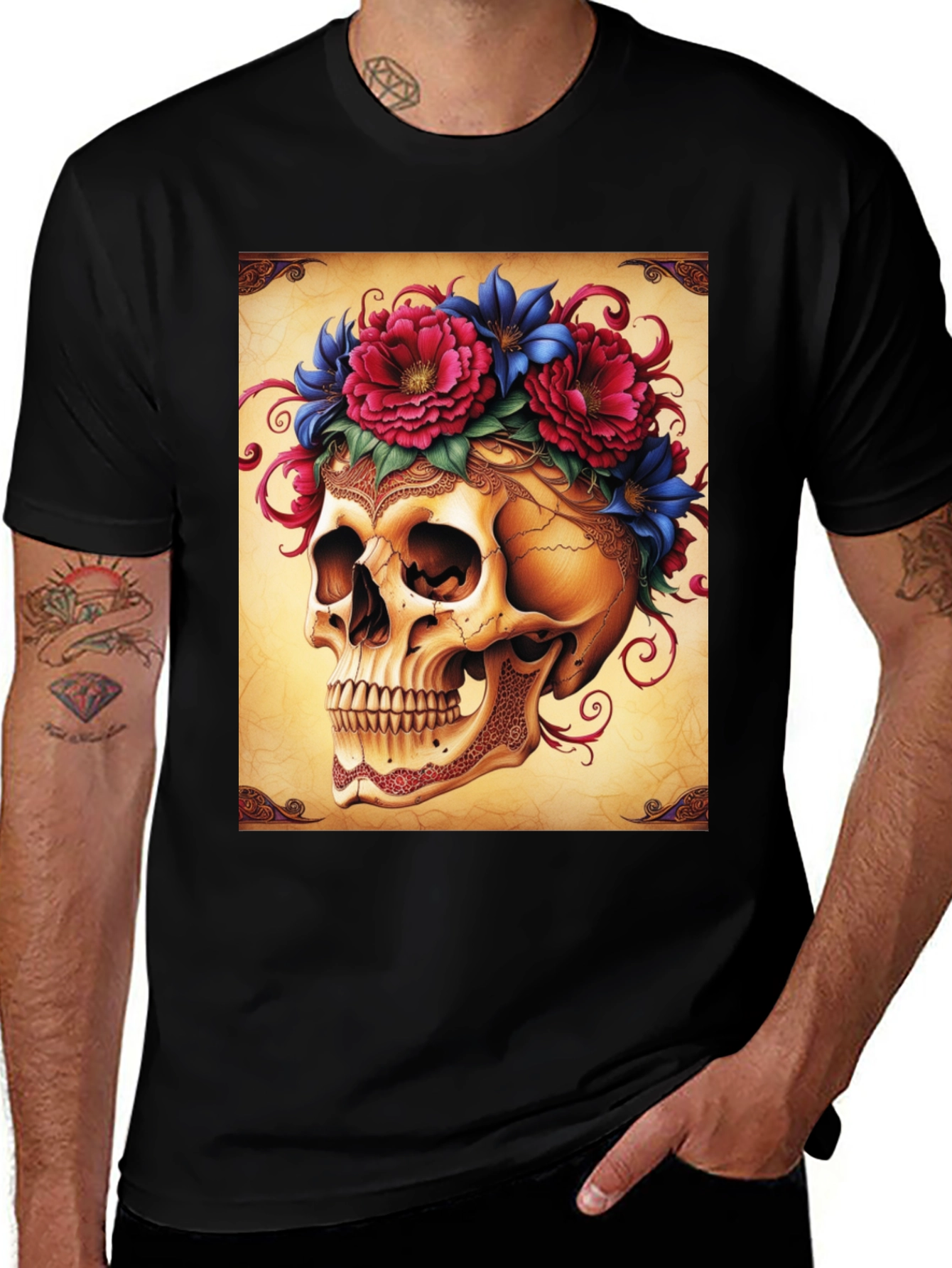 Variant 20 of Floral Skull Graphic Tee - Black