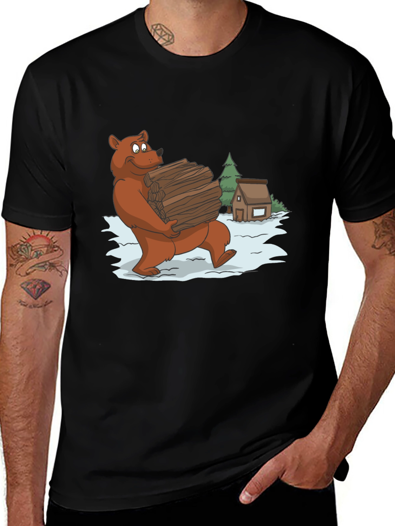 Variant 22 of Bear Carrying Wood Graphic Tee - Black
