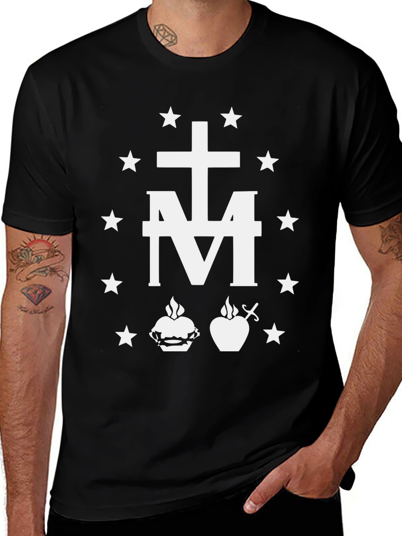 Variant 17 of Black T-Shirt with White Catholic Virgin Mary Symbol