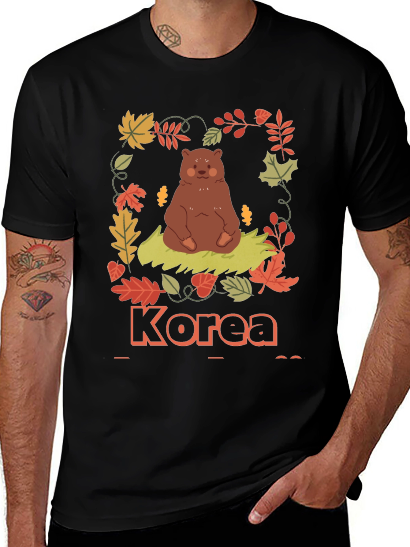 Variant 12 of Korea Bear Fall Leaves Black T-Shirt