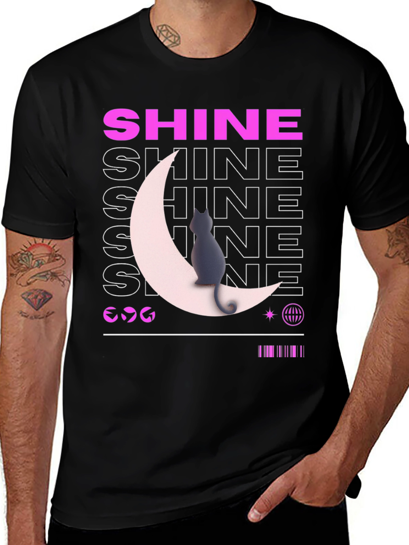 Variant 3 of Shine Cat Moon Graphic Tee - Trendy Black T-Shirt