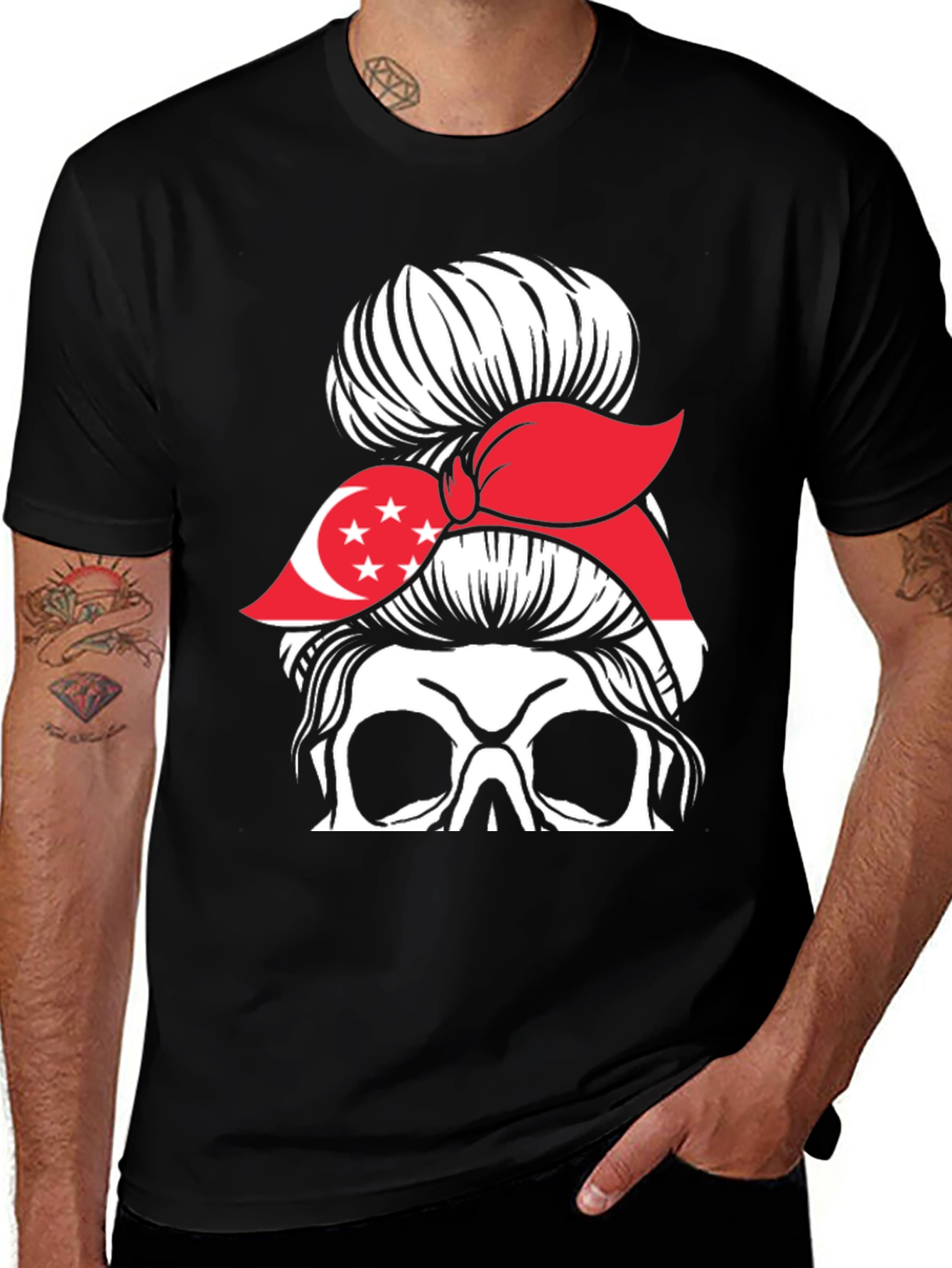 Variant 7 of Singapore Flag Skull Messy Bun T-Shirt