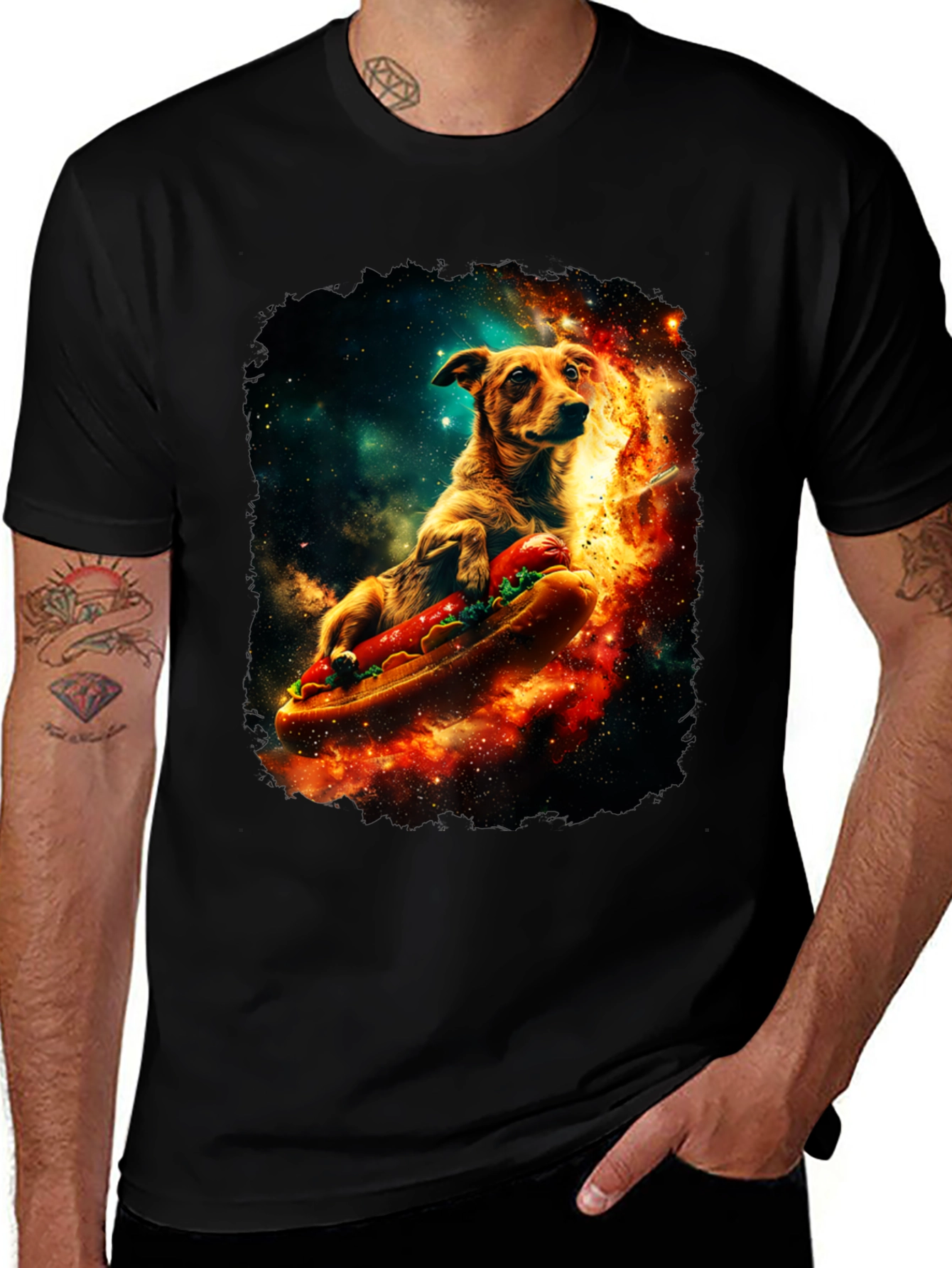 Variant 3 of Dog Riding Hotdog T-Shirt - Space Design
