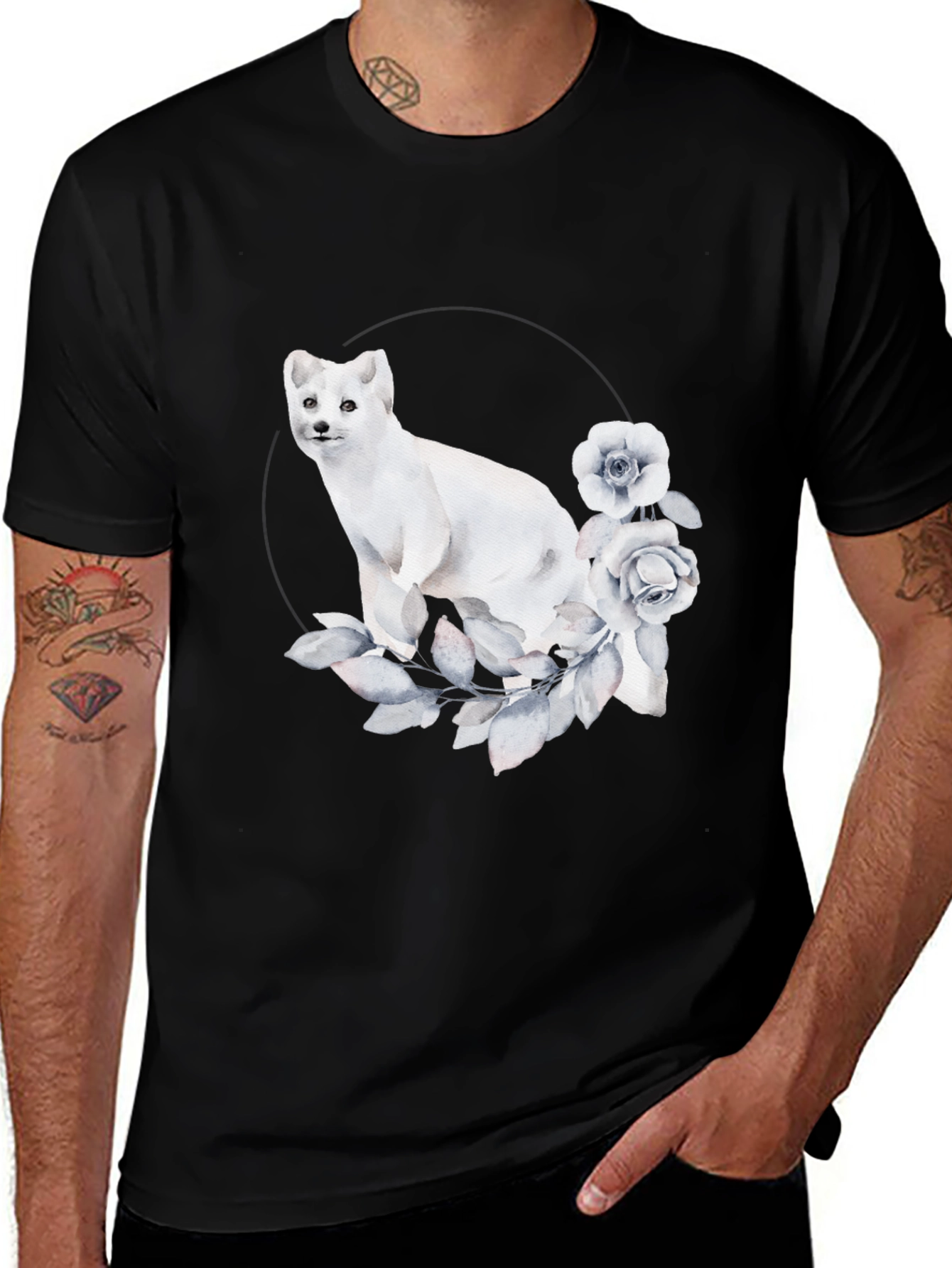 Variant 7 of Arctic Fox Floral Graphic Tee - Stylish Men's Black T-Shirt