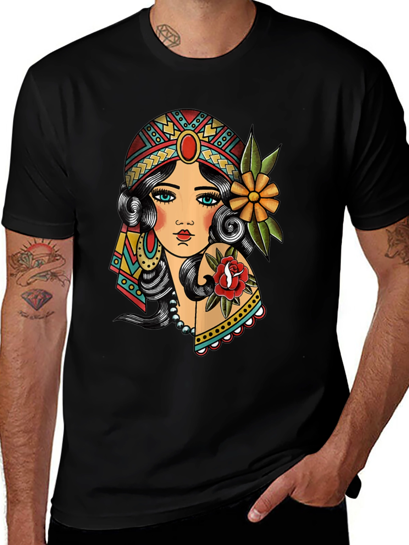 Gypsy Tattoo Graphic Print Black T-Shirt