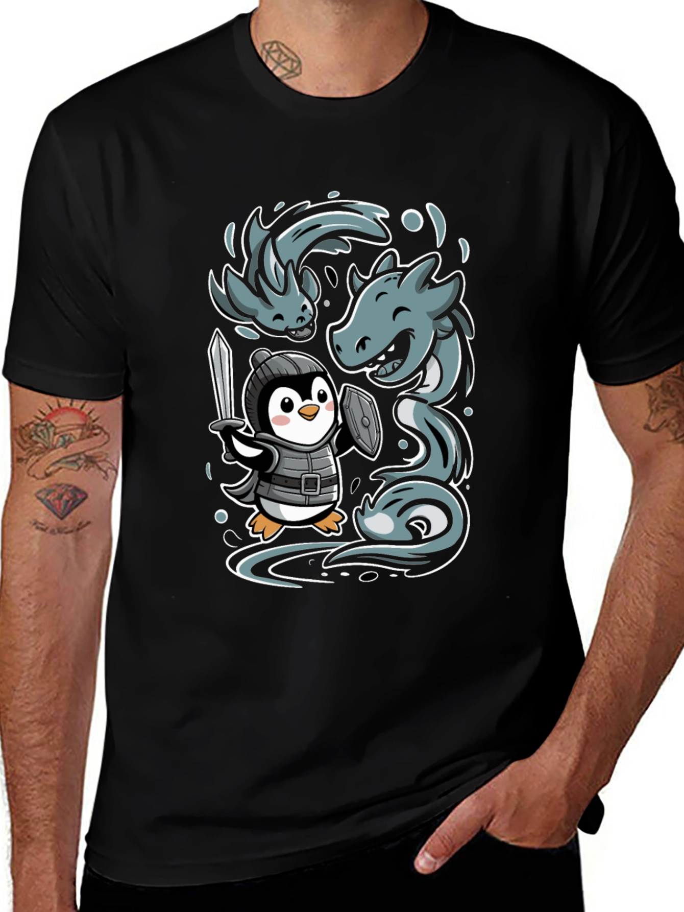 Variant 26 of Penguin Knight vs Sea Serpent Graphic Tee