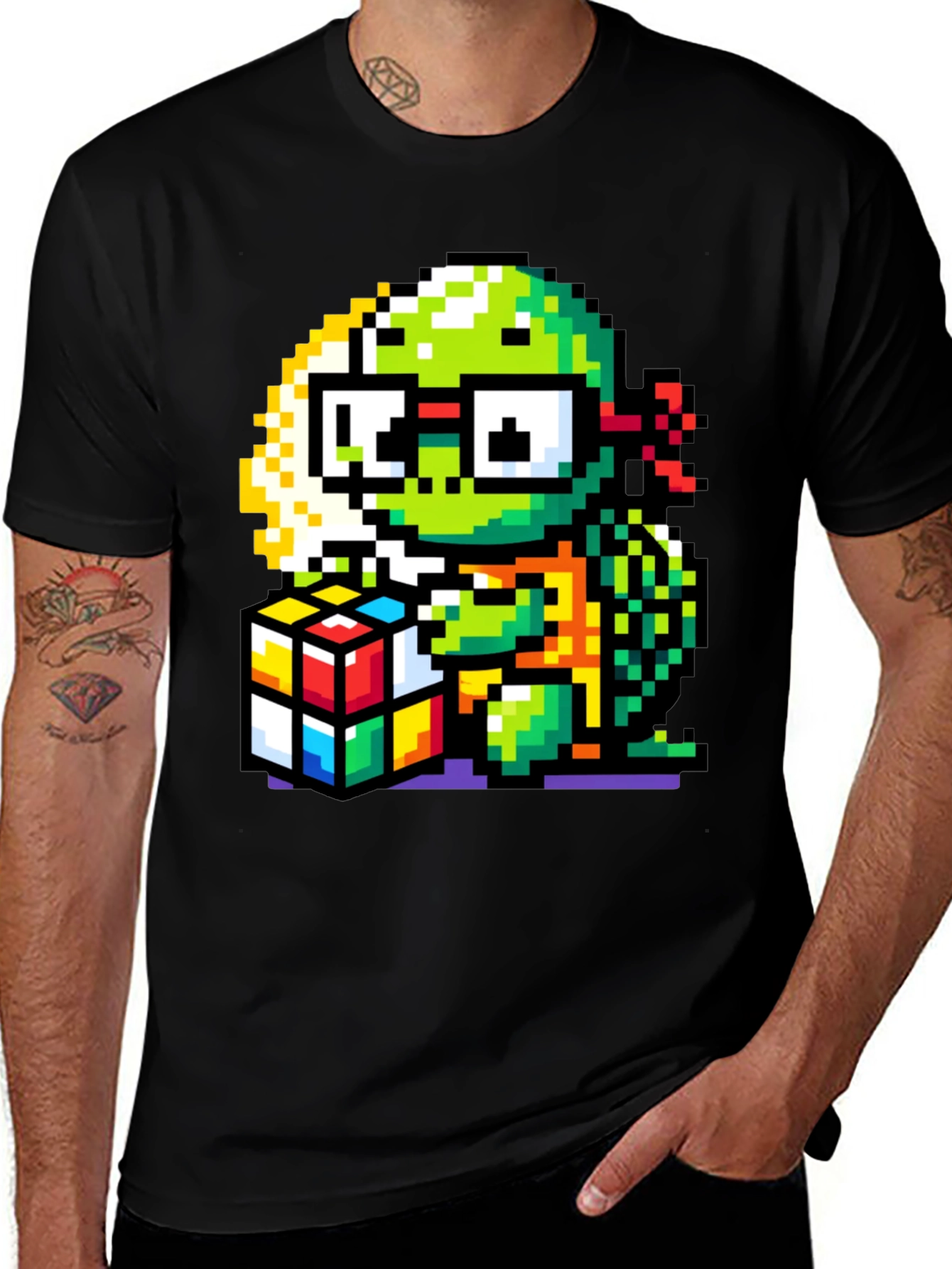 Variant 12 of Pixel Turtle Rubik's Cube Black T-Shirt