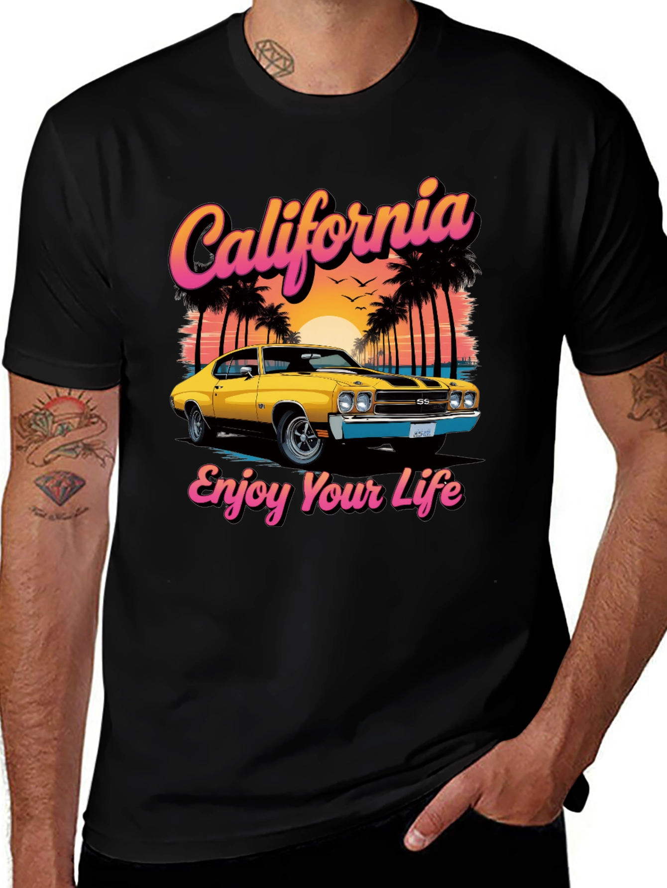 Variant 25 of California Dreamin' Tee: Retro Car & Palm Tree Design