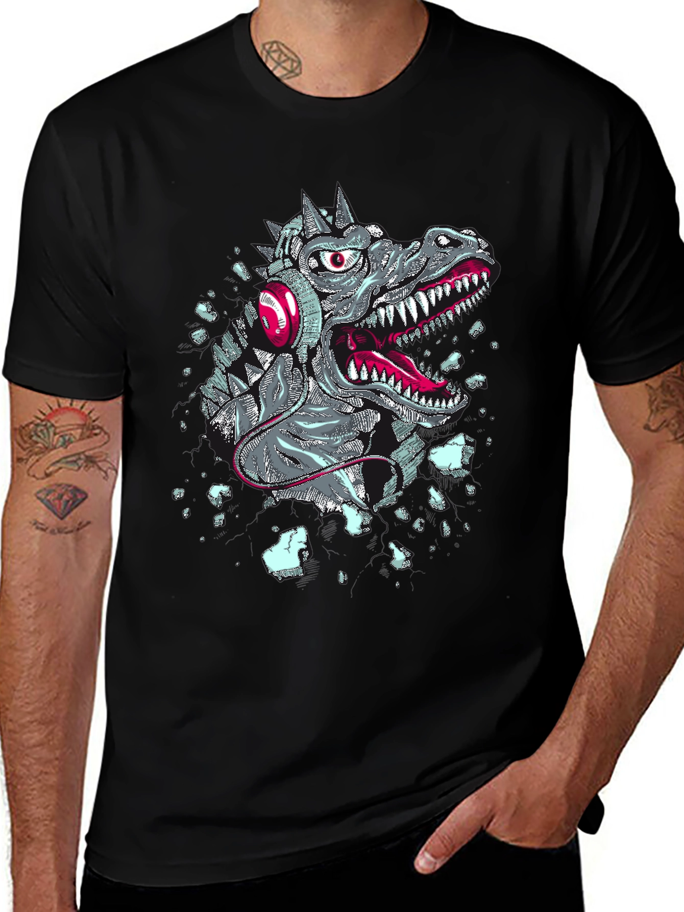 Variant 23 of Dino Beats Black T-Shirt - Rock Out With Rex!