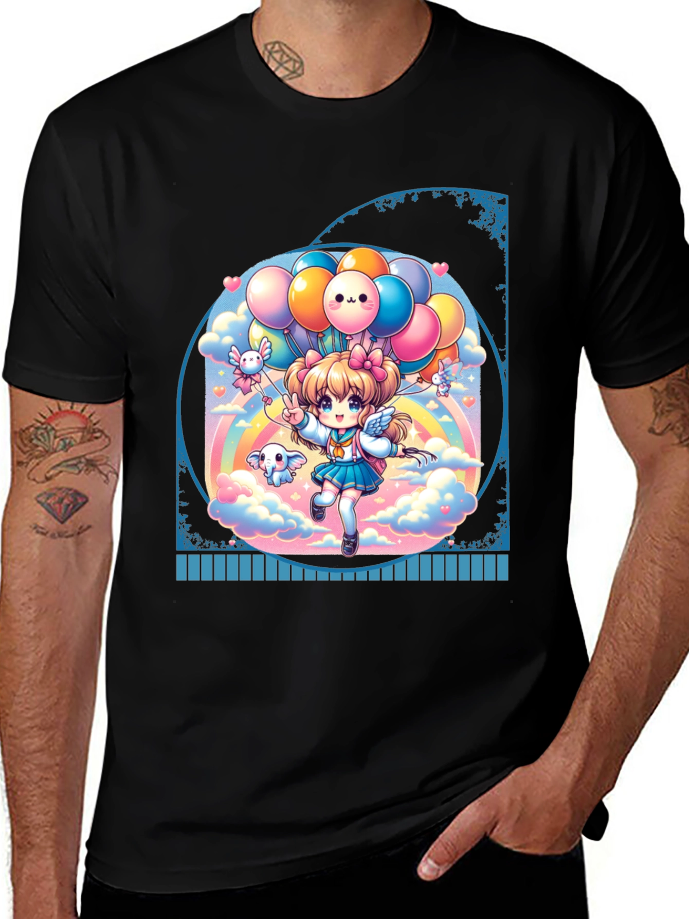 Variant 21 of Kawaii Anime Girl with Balloons Black T-Shirt