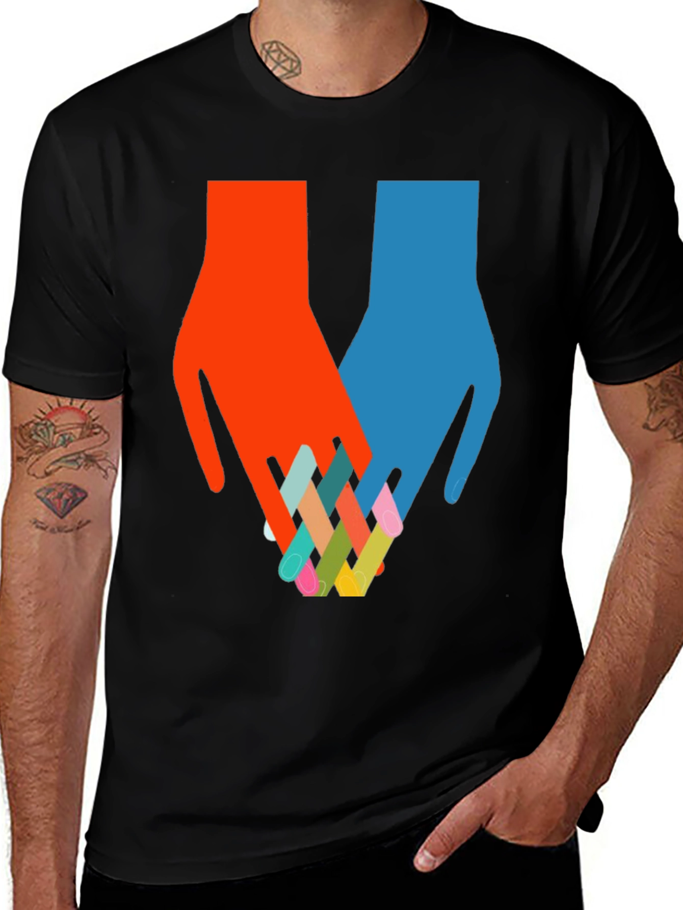 Variant 14 of Colorful Interwoven Hands Graphic Tee - Modern Design