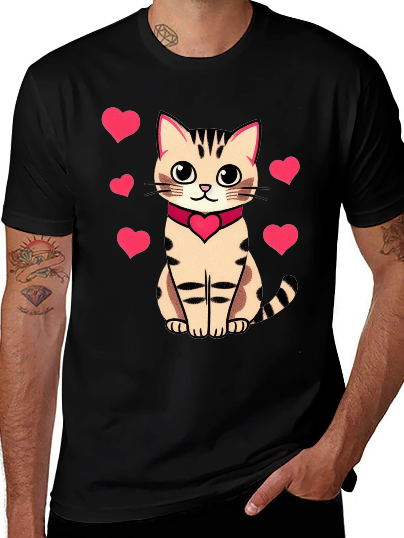 Variant 14 of Cute Cat with Hearts Graphic Tee - Black