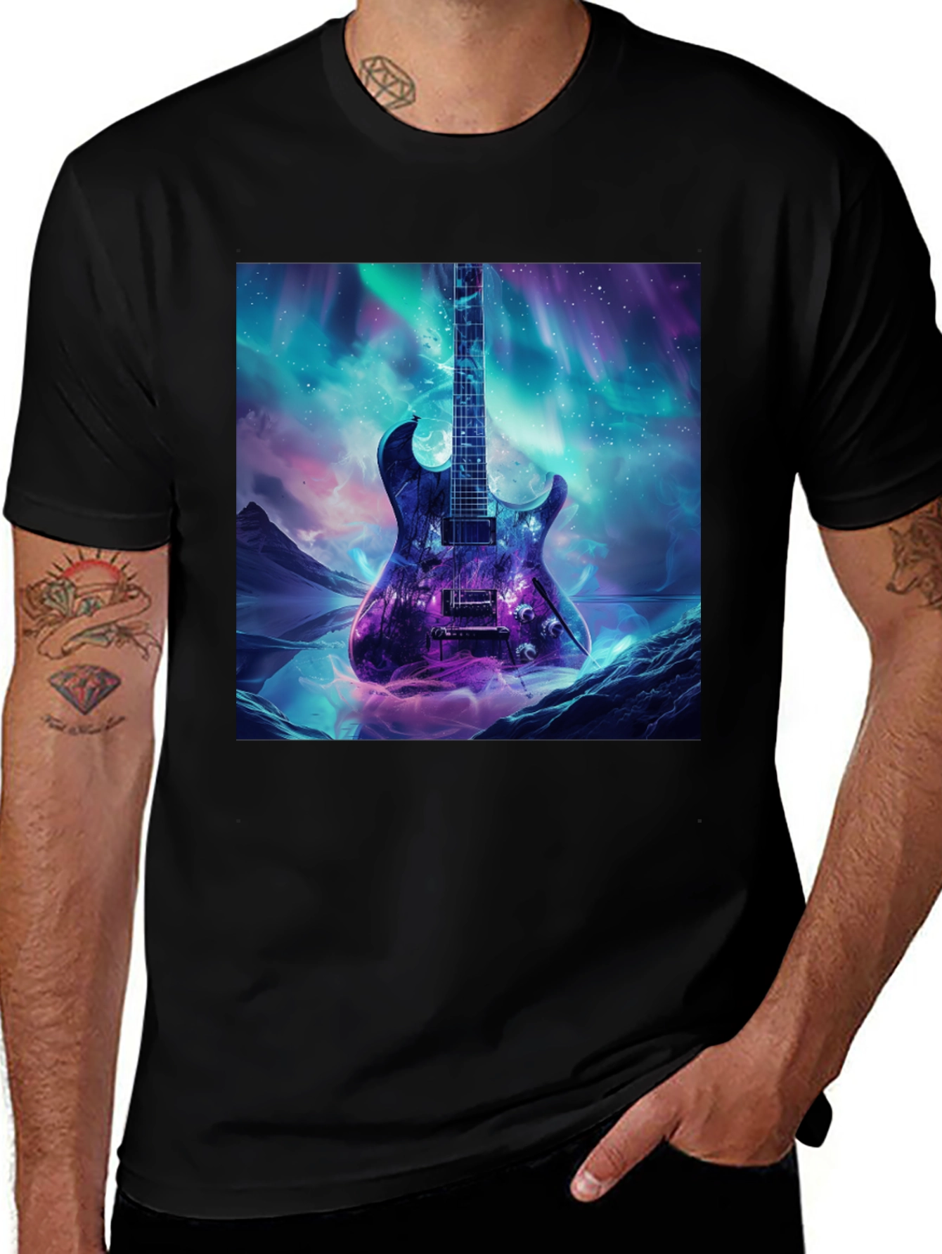 Black Guitar Galaxy Graphic Tee - Black Cotton T-Shirt main image