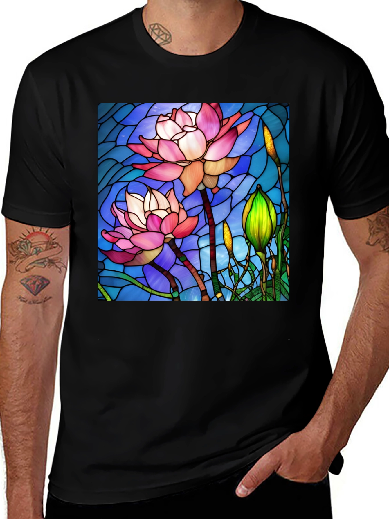 Variant 25 of Lotus Flower Stained Glass Style Black T-Shirt