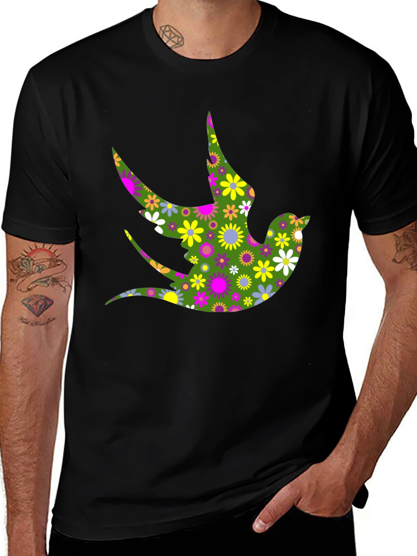 Variant 25 of Floral Bird Print Black T-Shirt