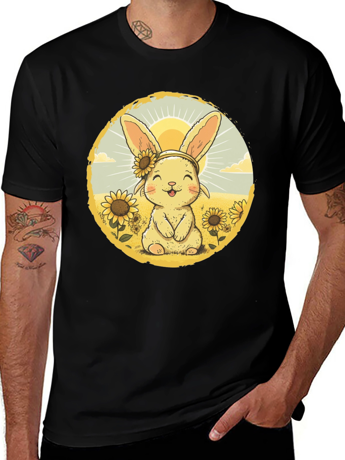 Variant 17 of Cute Bunny & Sunflower Graphic Tee - Unisex Black T-Shirt