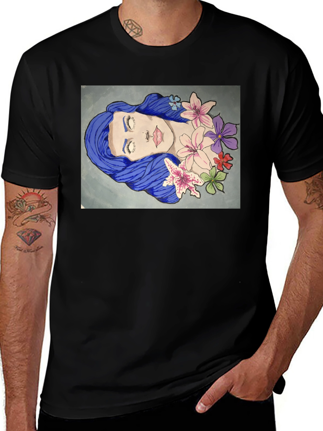 Variant 19 of Blue Hair Girl Flower Art Graphic T-Shirt