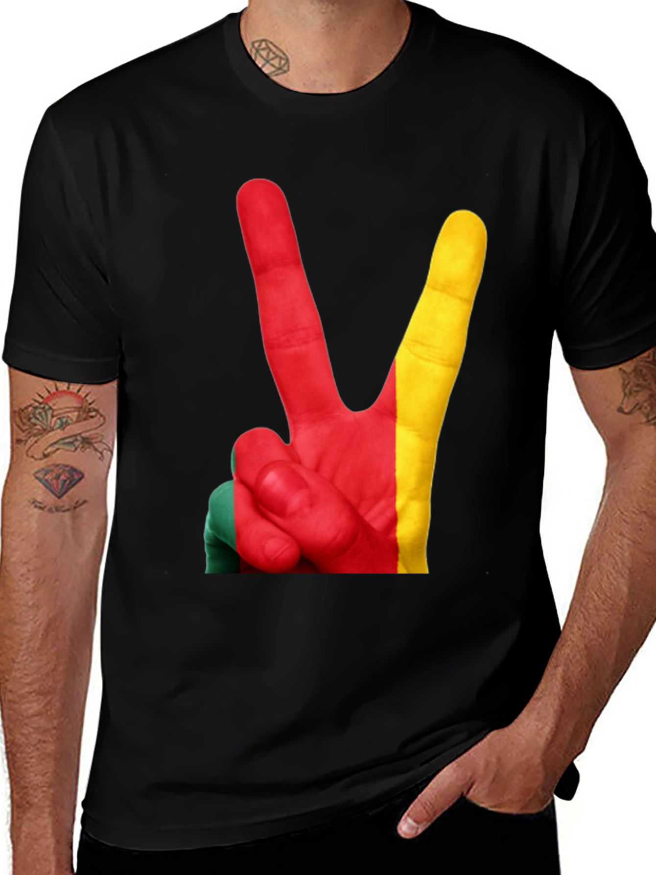 Cameroon Flag Hand Peace Sign Graphic T-Shirt