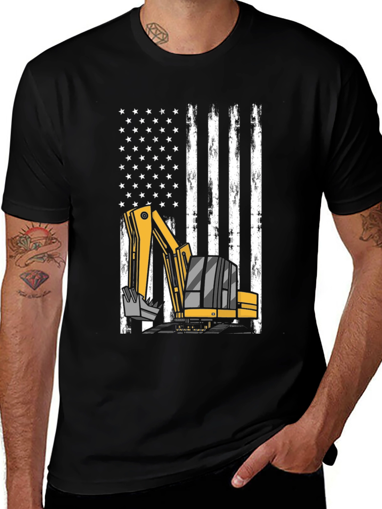 Excavator American Flag T-Shirt - Patriotic Construction Tee