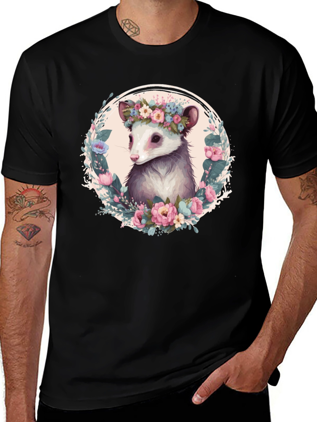 Variant 29 of Opossum Floral Wreath T-Shirt