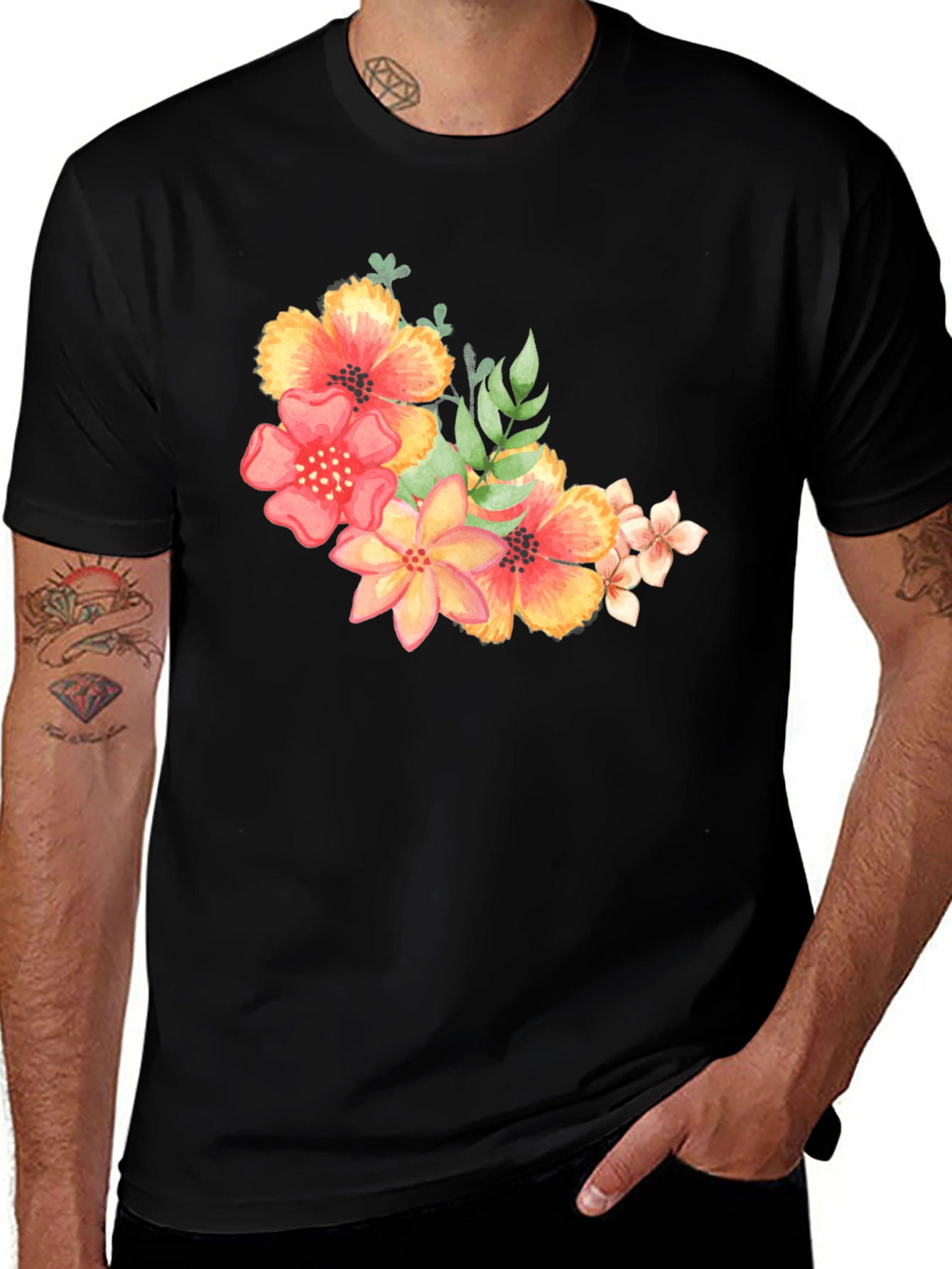 Variant 26 of Floral Print Black T-Shirt - Stylish Casual Wear