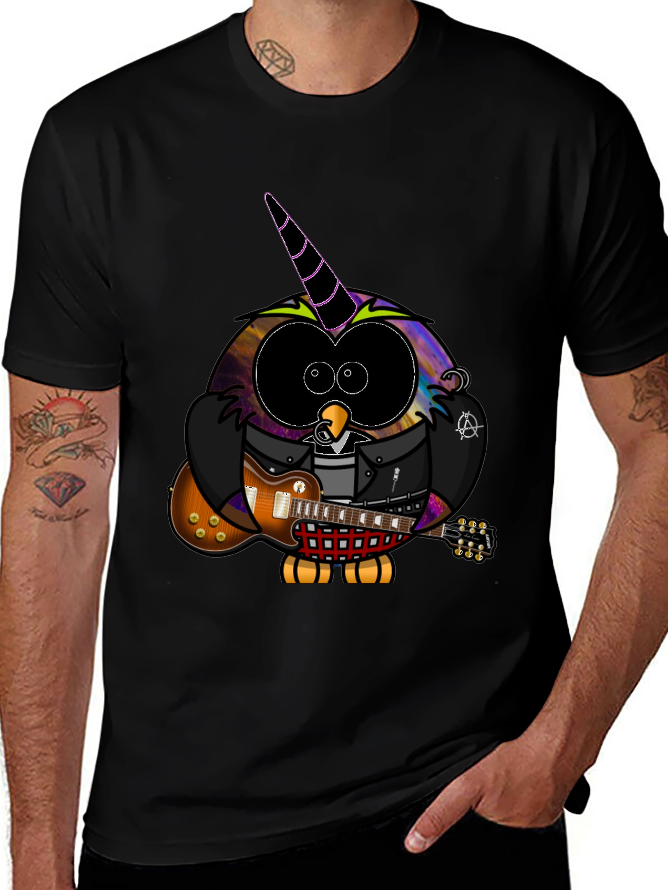 Variant 18 of Cool Owl Guitarist Black T-Shirt
