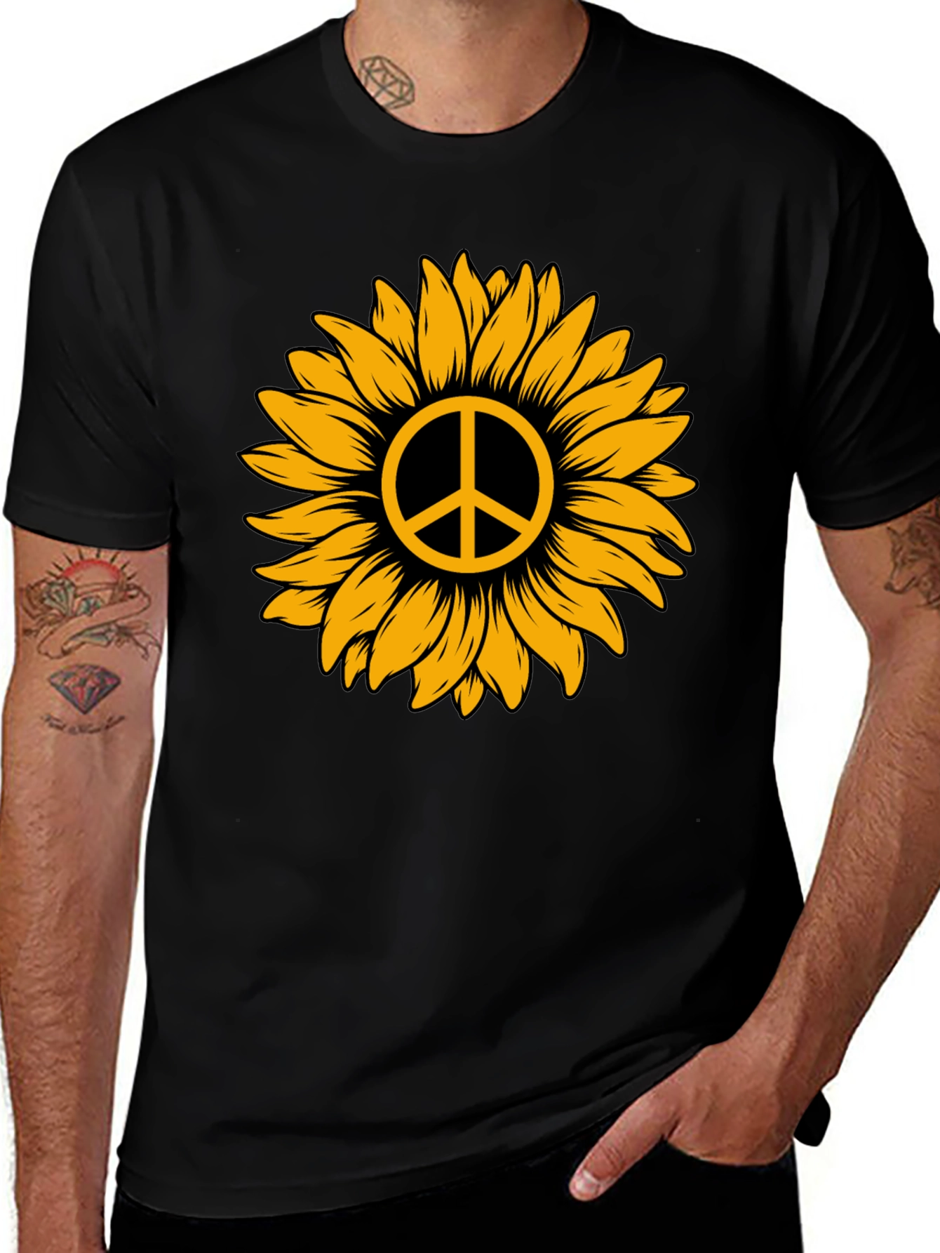 Black Sunflower Peace Sign Graphic Tee - Stylish Comfort main image
