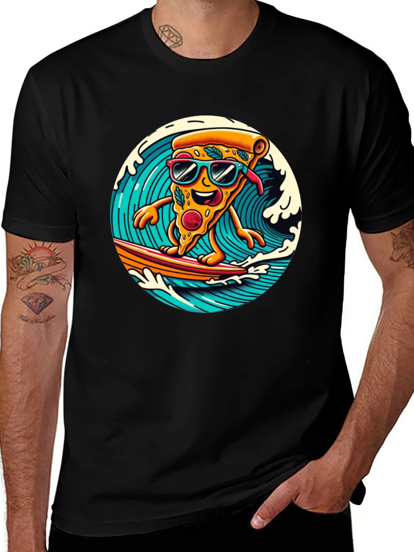 Variant 12 of Surfing Pizza T-Shirt - Black