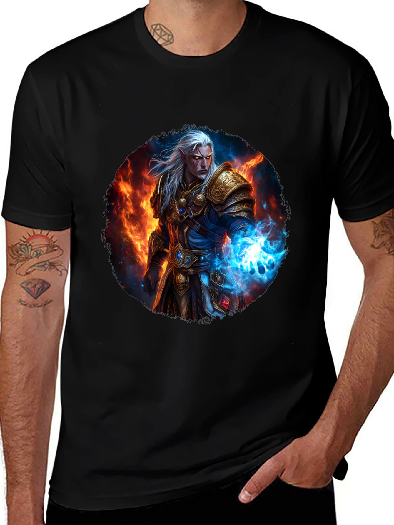Variant 8 of Fantasy Mage T-Shirt - Fire & Ice Design