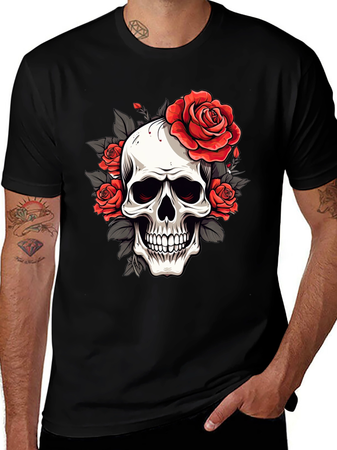 Variant 11 of Skull & Roses Graphic Tee - Black