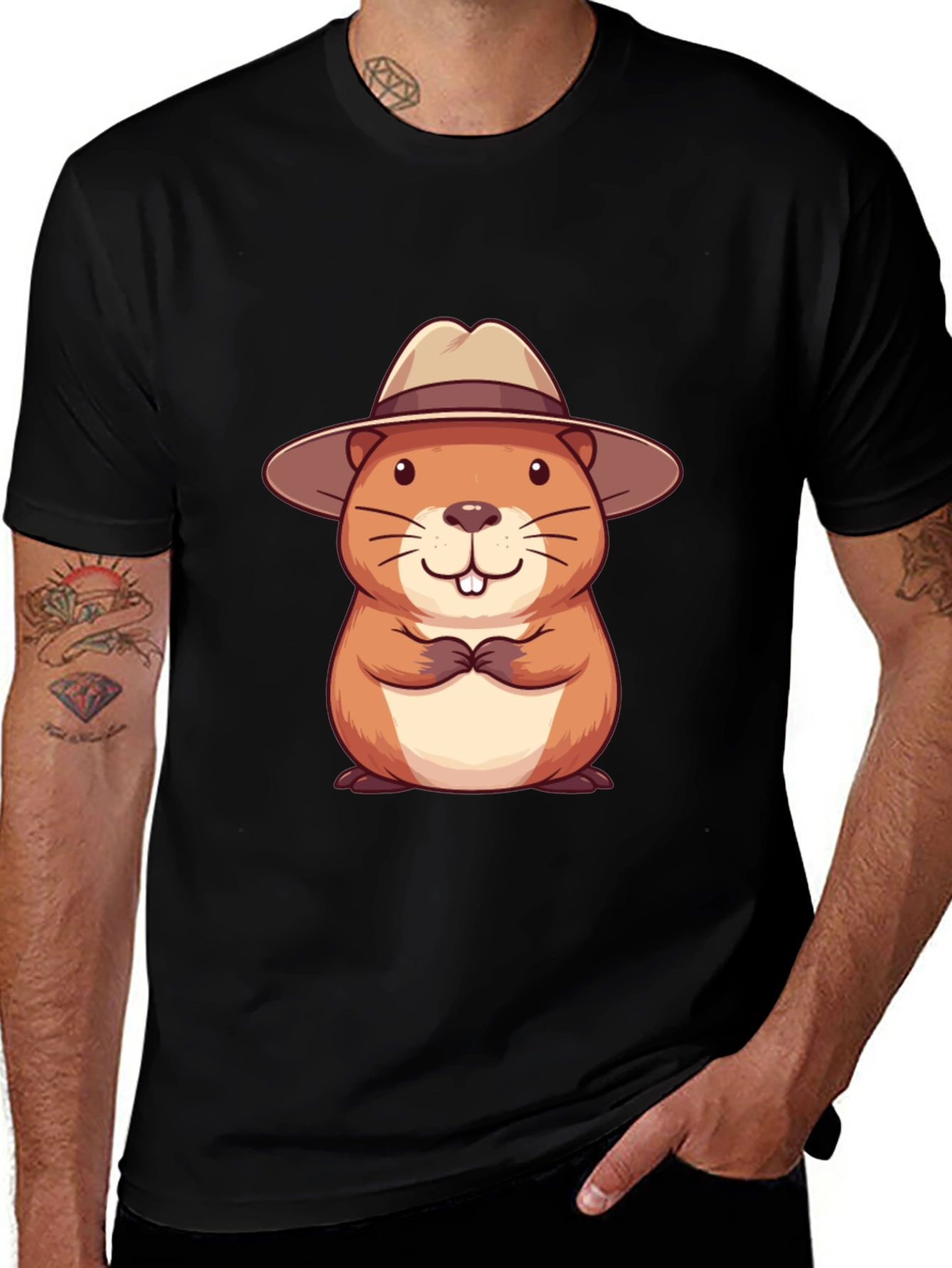 Cartoon Beaver Hat Black T-Shirt