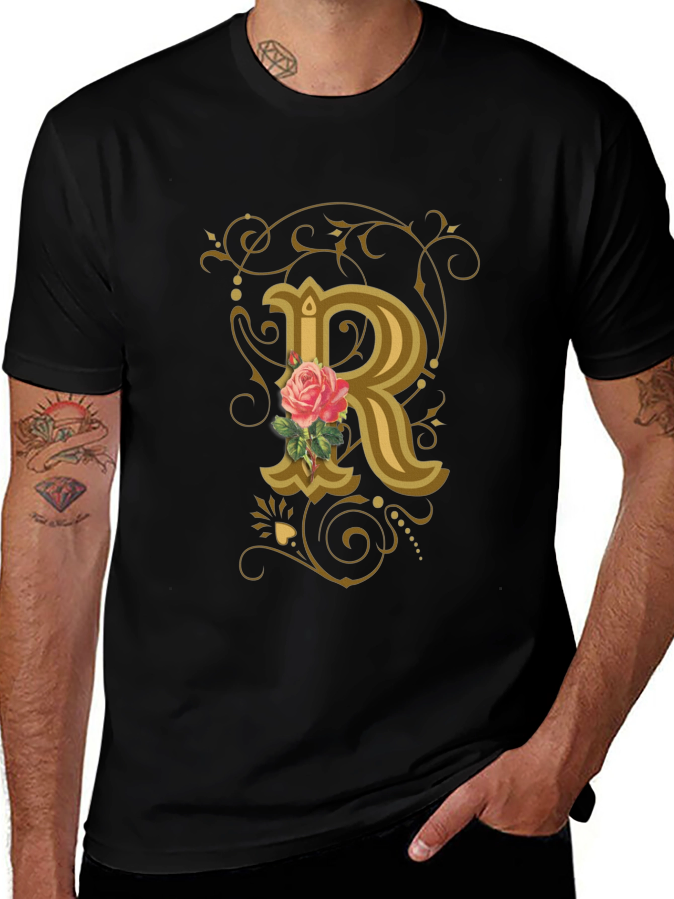 Variant 30 of Rose Initial R Black T-Shirt