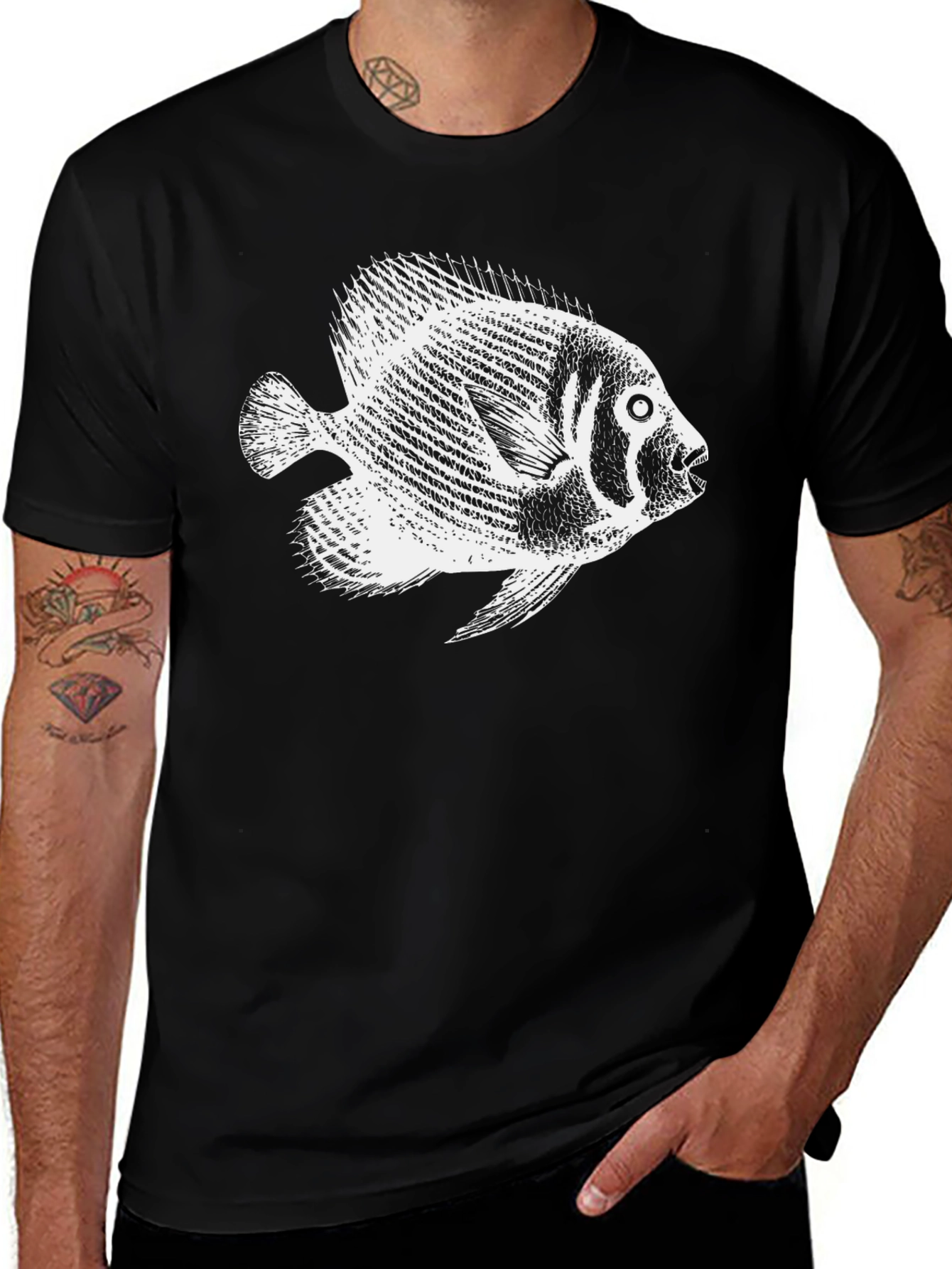Variant 17 of Black T-Shirt with White Fish Print