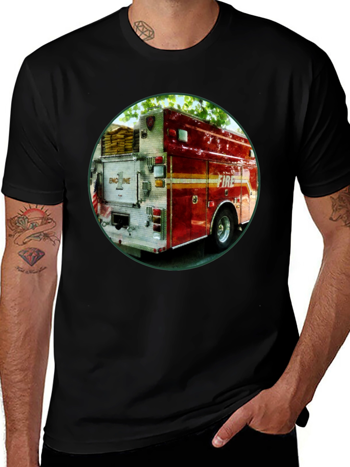 Variant 13 of Fire Truck Graphic T-Shirt - Black Cotton Tee