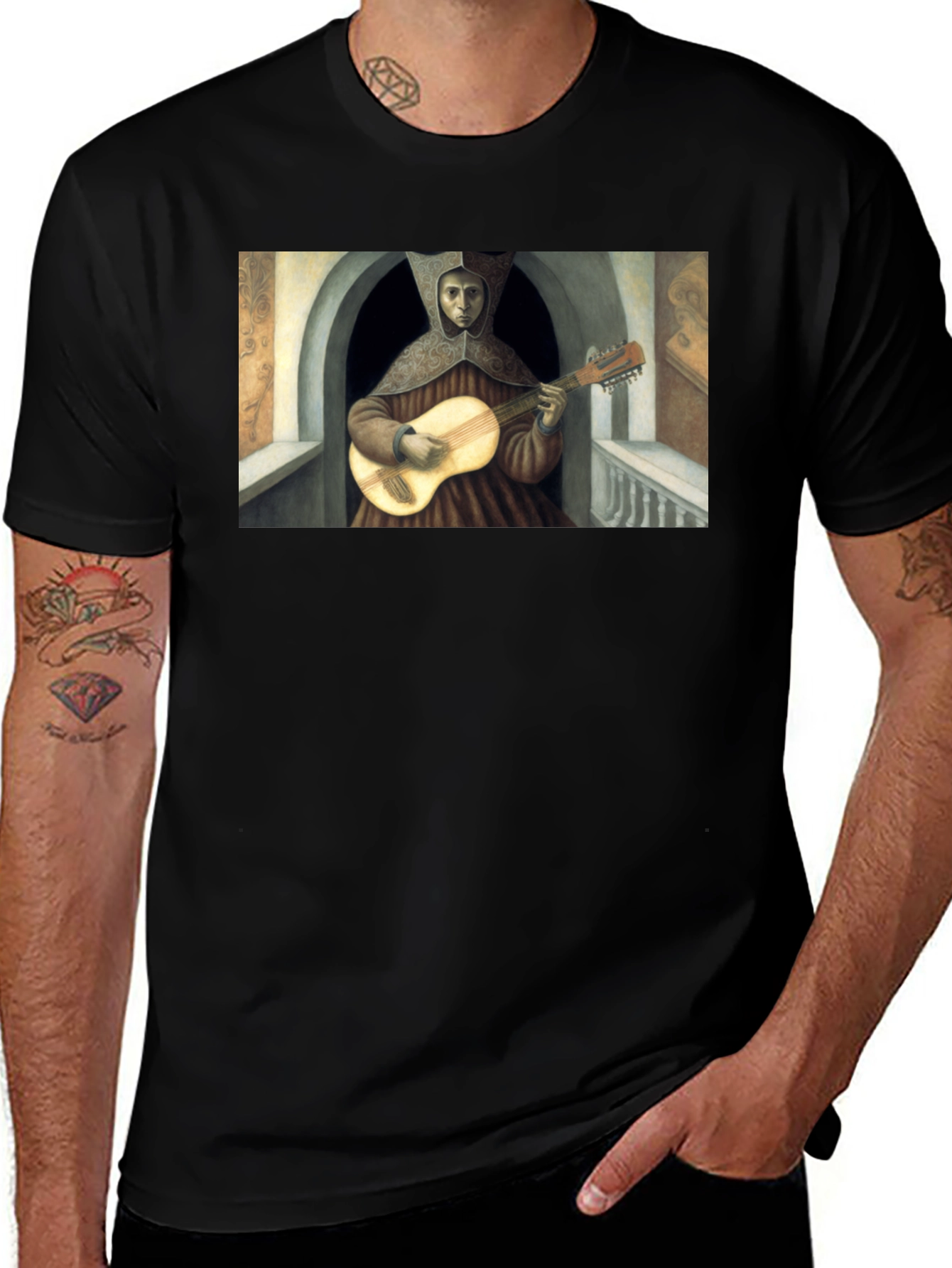 Variant 29 of Man's Black T-Shirt with Musician Print