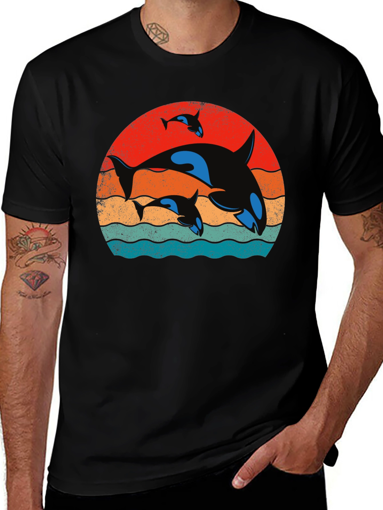 Variant 5 of Orca Family Sunset T-Shirt - Black Cotton Tee