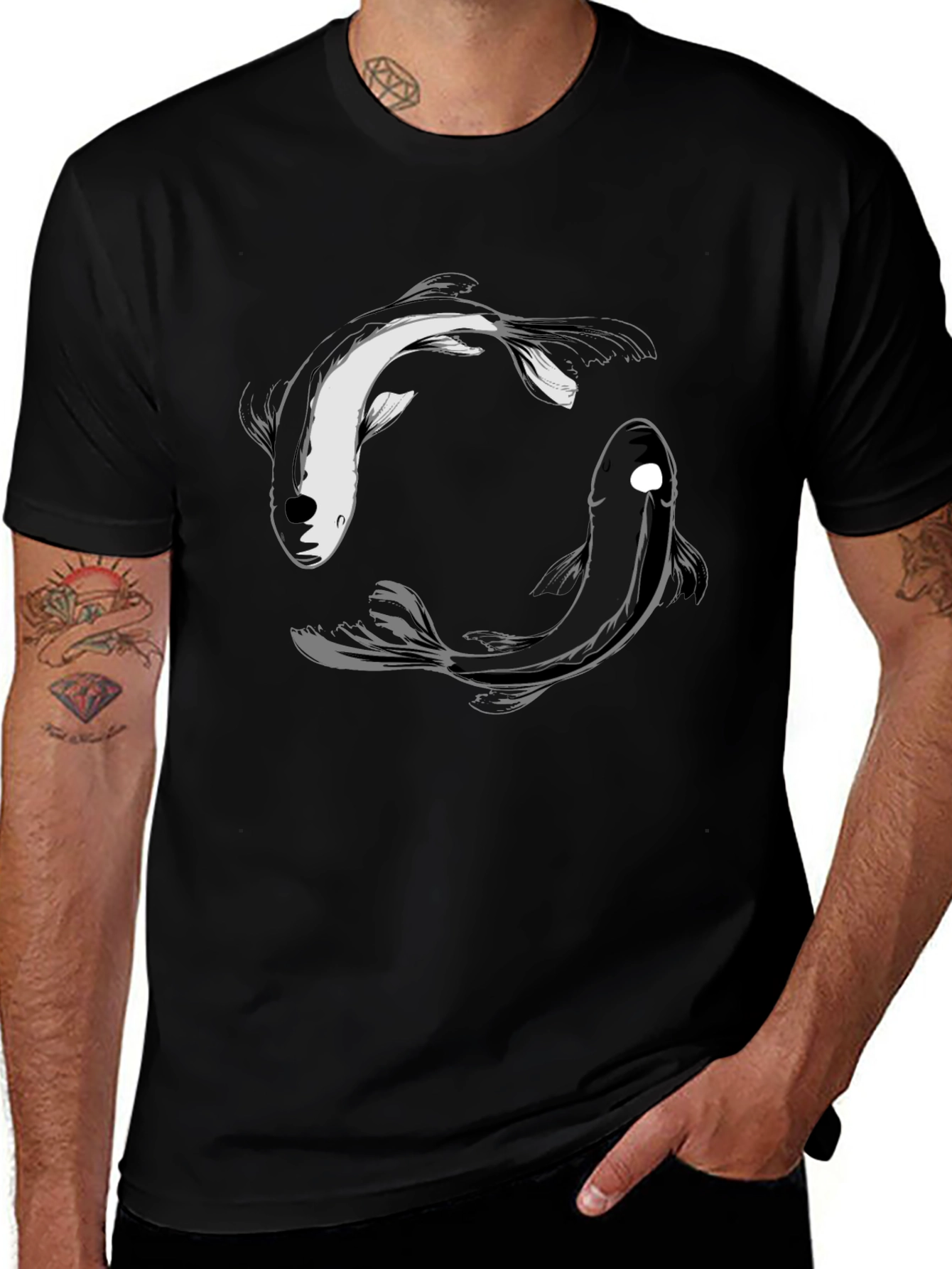 Yin Yang Koi Fish Graphic Black T-Shirt