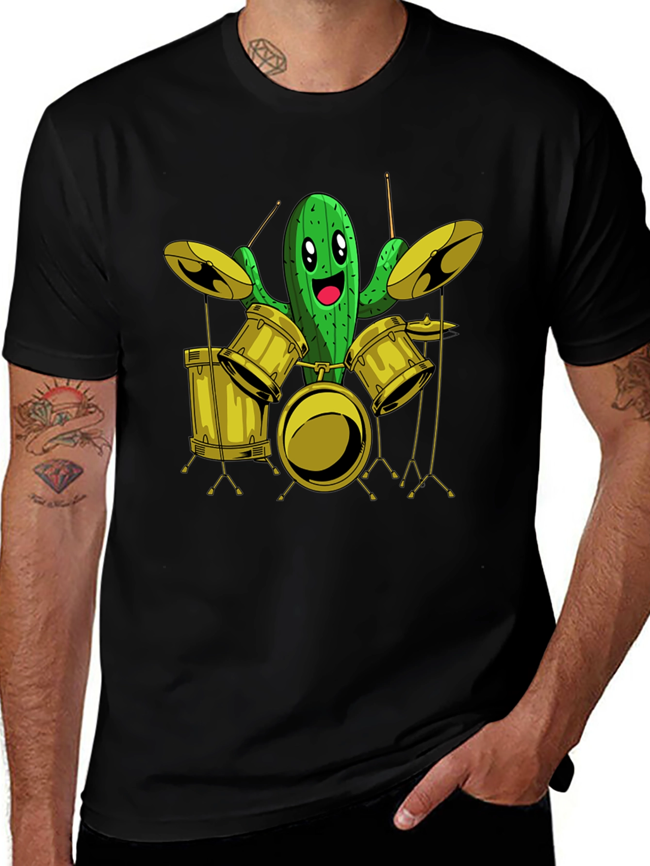 Variant 9 of Cactus Drummer Graphic Tee - Black Cotton T-Shirt