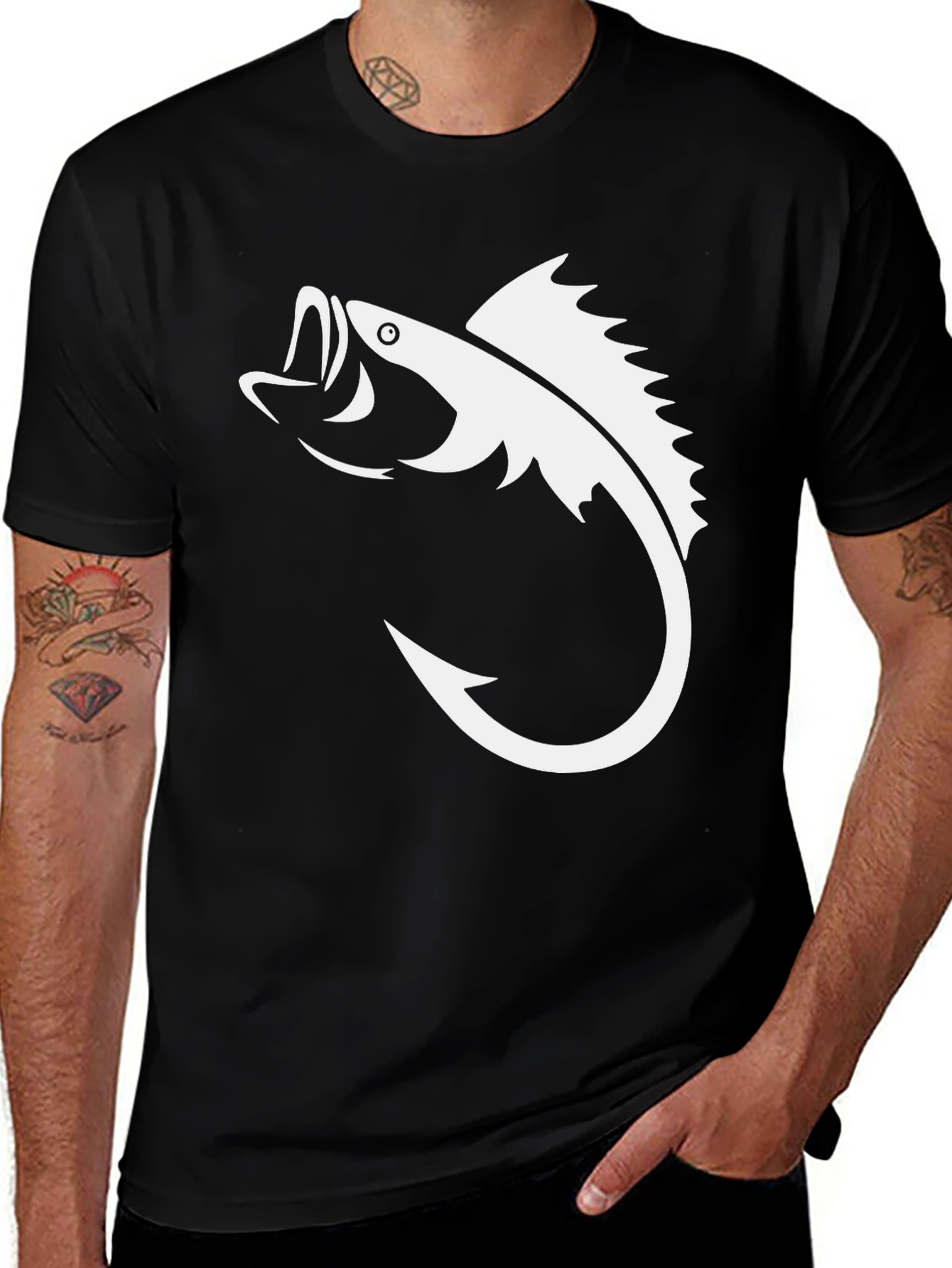 Variant 13 of Bass Fish Hook Graphic Tee - Black Cotton T-Shirt
