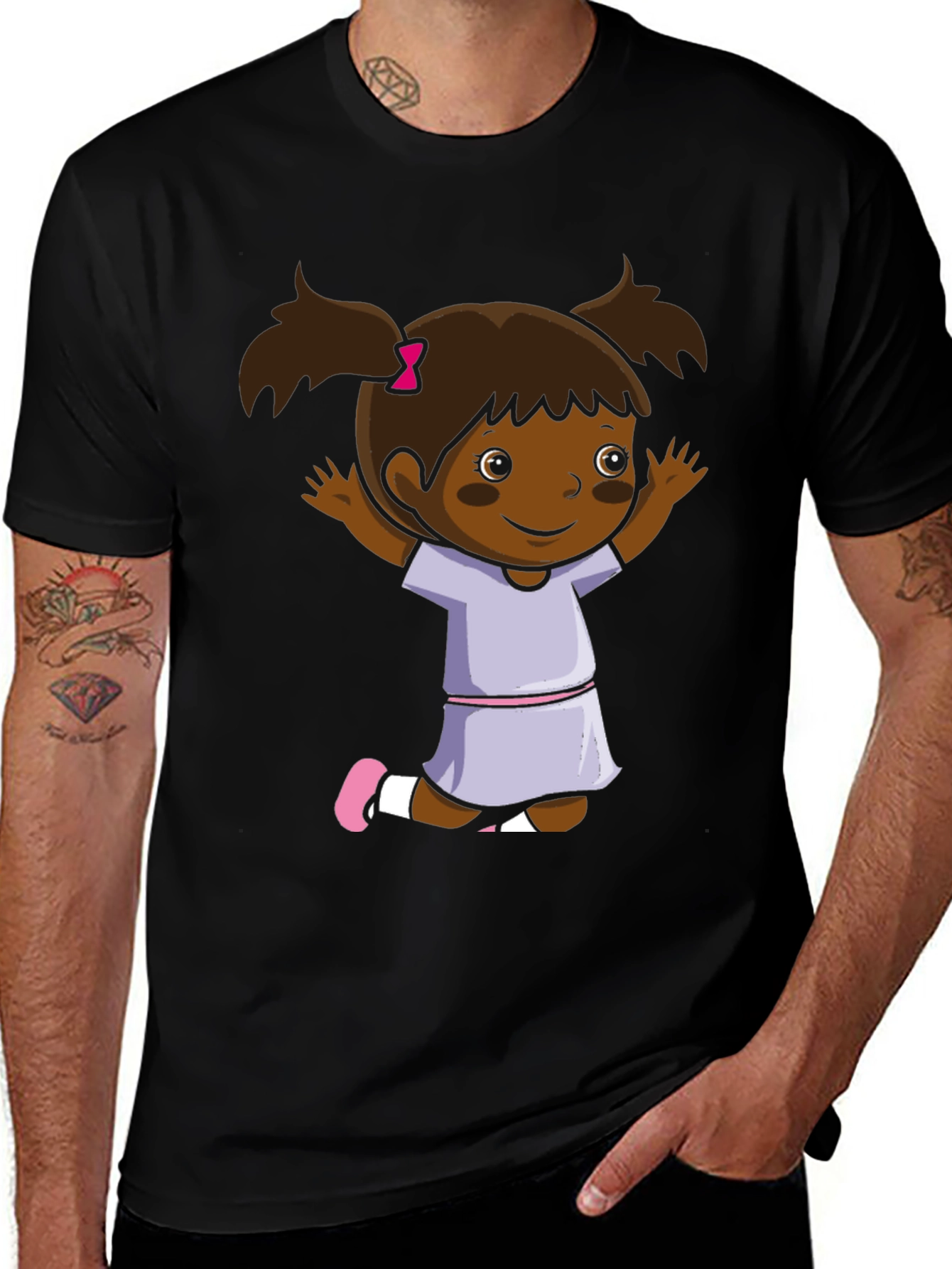 Cute Cartoon Girl Graphic Black T-Shirt