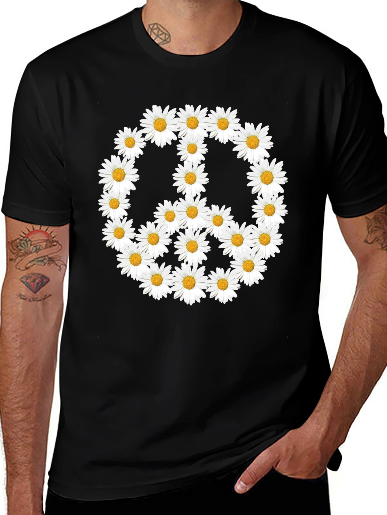 Variant 14 of Daisy Peace Sign T-Shirt - Black Crew Neck