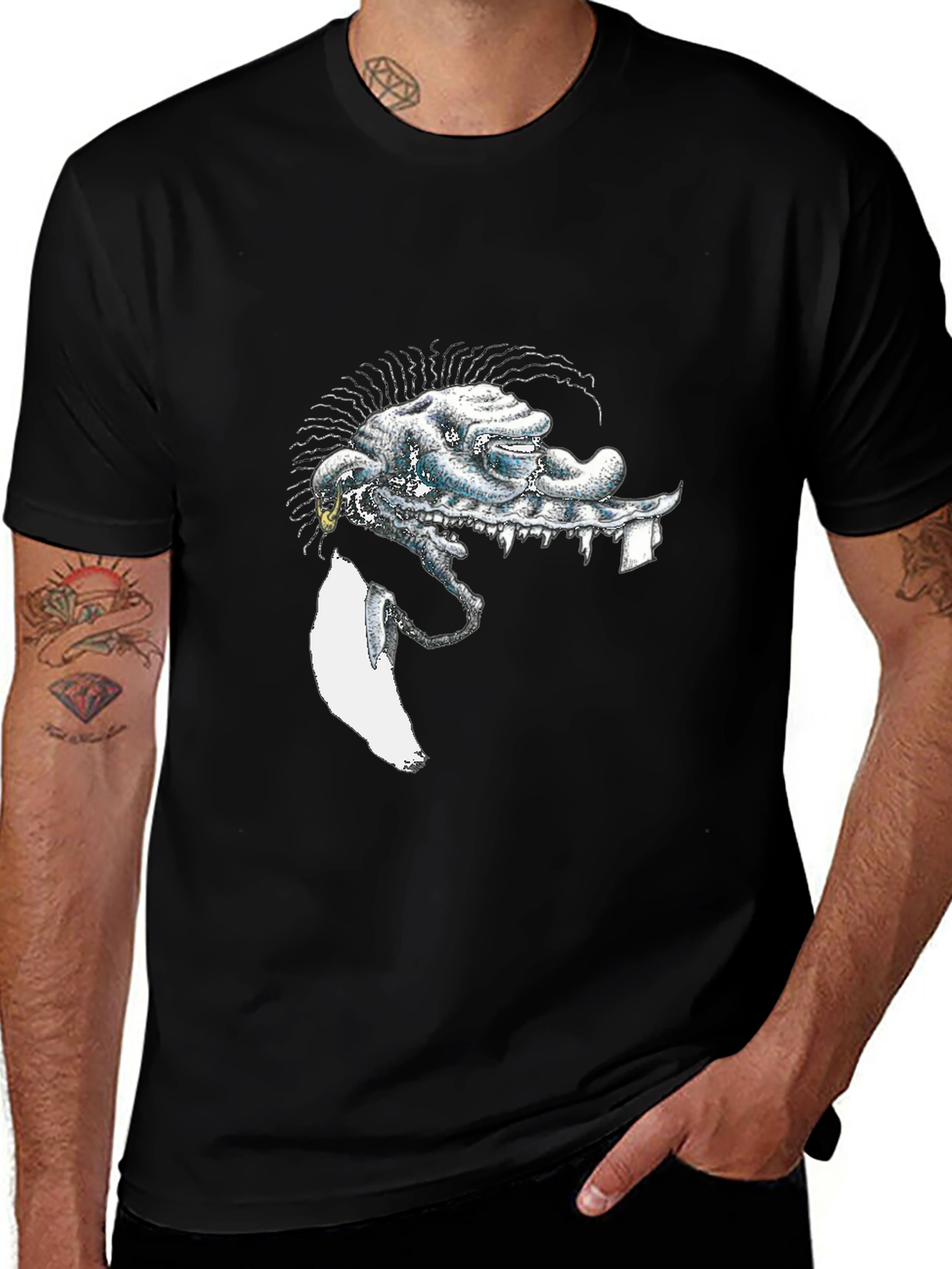 Variant 10 of Men's Black T-Shirt with Punk Monster Graphic