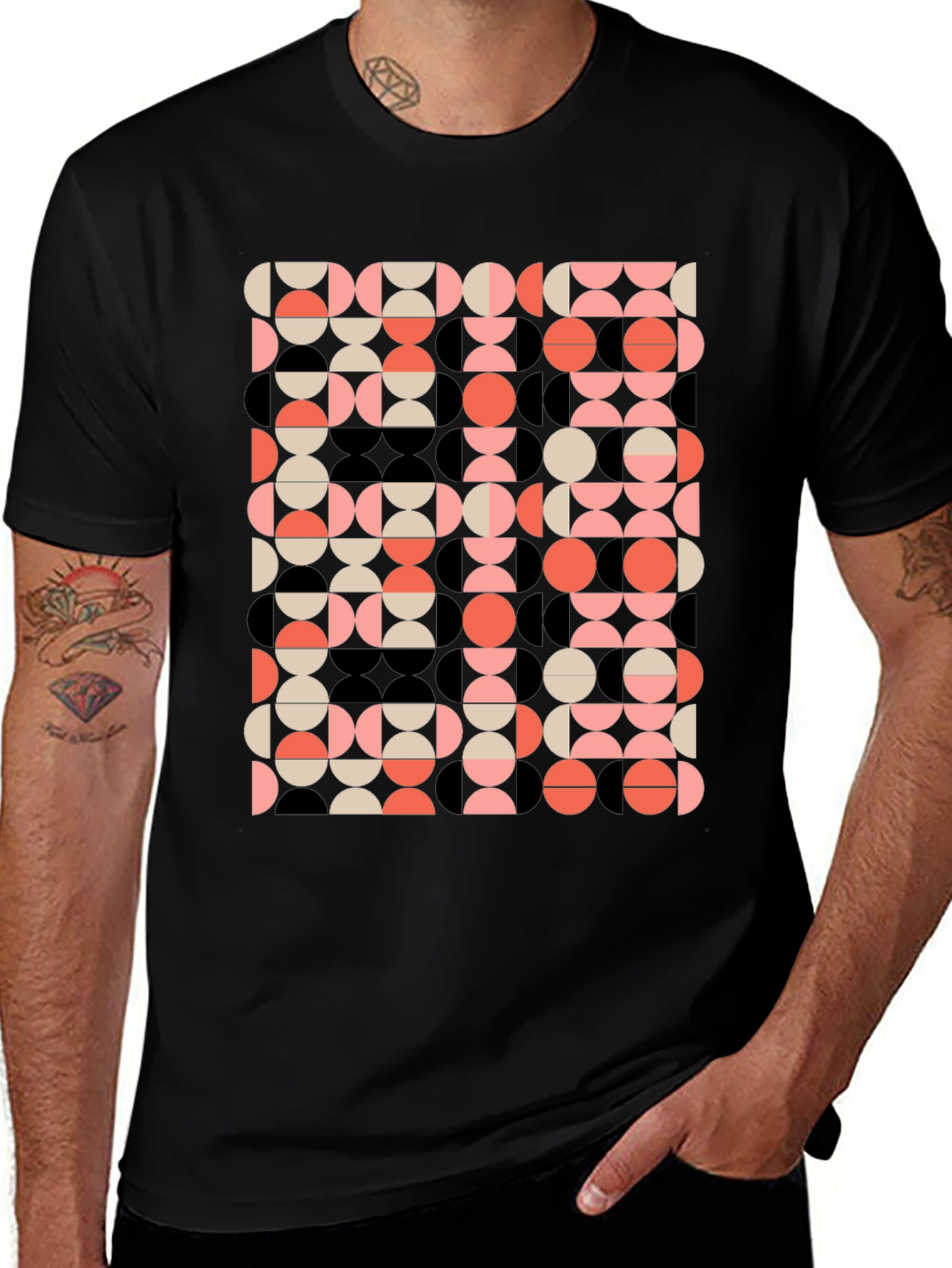 Variant 26 of Retro Geometric Print Tee - Stylish Circle Pattern Black T-Shirt