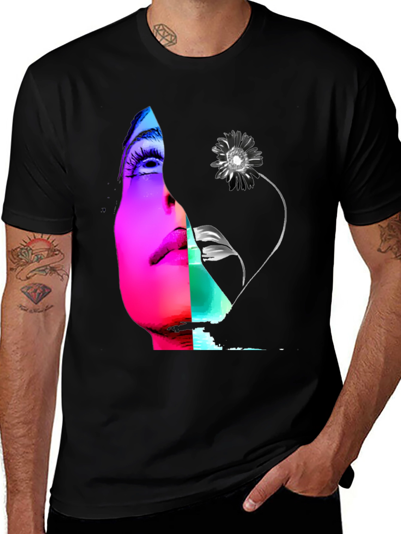 Variant 14 of Abstract Face & Flower Graphic Black T-Shirt