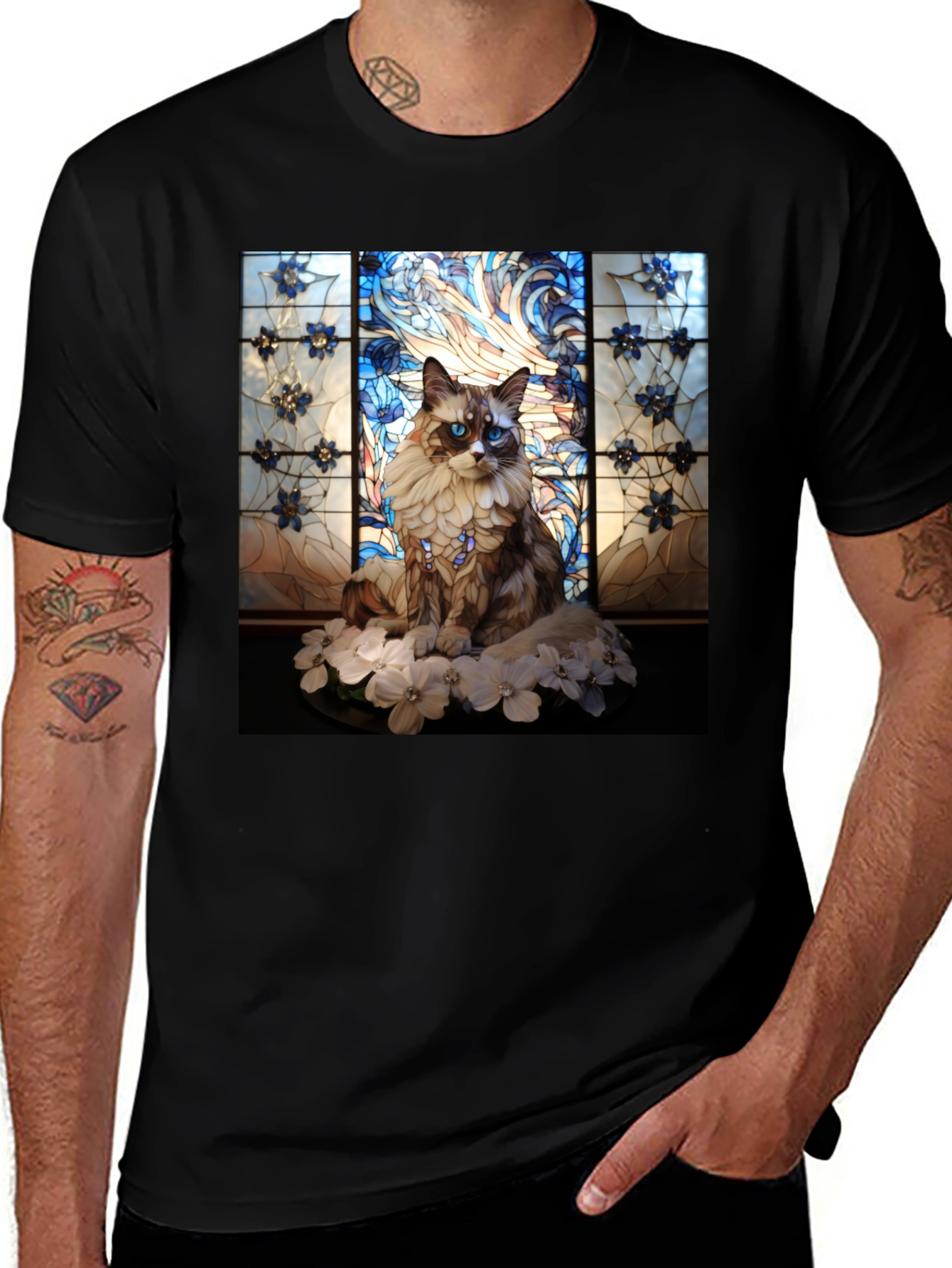 Black Stained Glass Cat Portrait T-Shirt main image