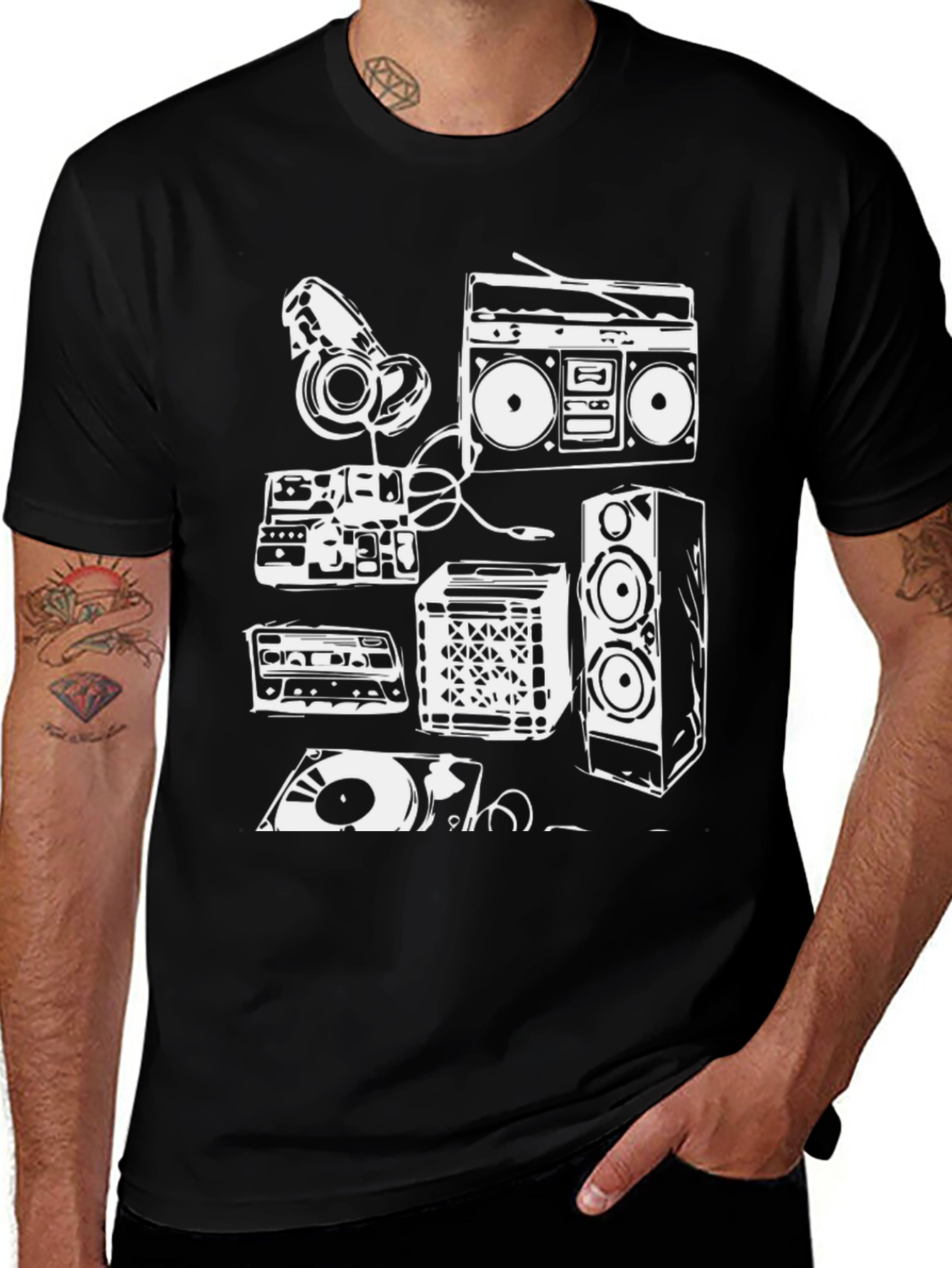 Variant 11 of Retro Music Graphic Tee - Boombox & Vinyl Design