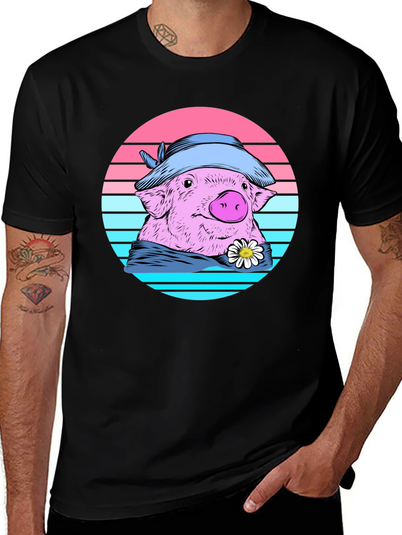 Variant 26 of Pig in Hat Retro T-Shirt - Cute Animal Graphic Tee