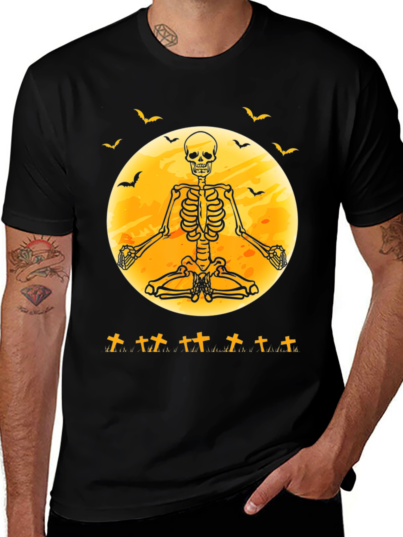Halloween Skeleton Yoga Moon Black T-Shirt