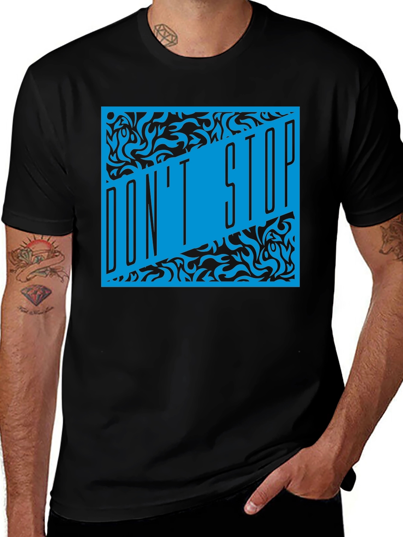 Variant 14 of Don't Stop Black T-Shirt with Blue Graphic Design